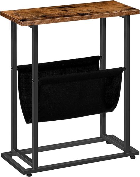 HOOBRO Schmaler Beistelltisch, Nachttisch Schmal, Industrieller Sofatisch mit Aufbewahrungstasche für Zeitschriften, Platzsparend, für Wohnzimmer, Schlafzimmer, Vintagebraun und Schwarz EBF81BZ01