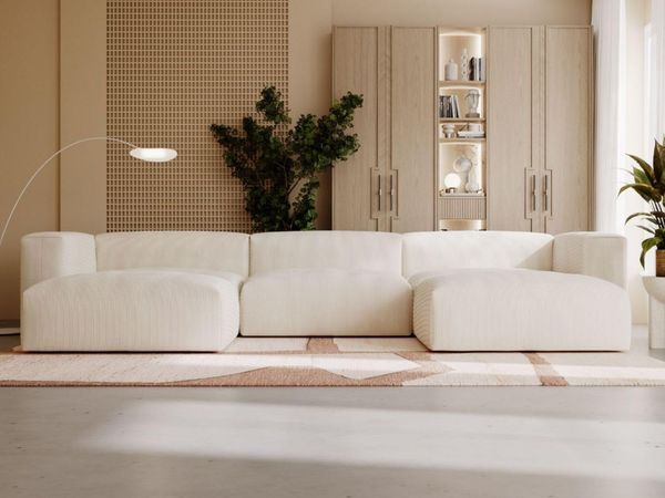 GrainGold Ecksofa U-Form LANDI - 340x180 cm, Creme, Universal, Wellenfedern, T25-Schaum