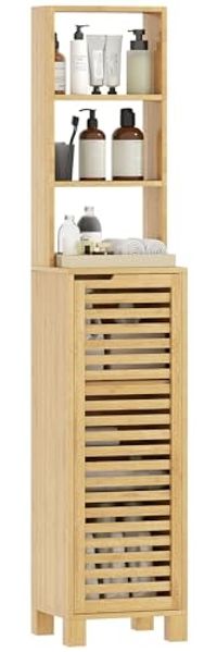 HOMCOM Badkommode mit 3 offenen Regalen, verstellbaren Regalen, Lamellentür (Badezimmerschrank aus Bambus, 1 St, Badschrank), für Badezimmer, Wohnzimmer 34 x 30 x 170 cm, Natur