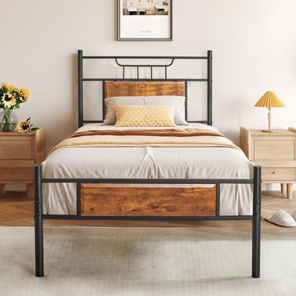 VECELO Bettgestell 90x200 cm, Metallbett mit Dick Holzkopfteil und Lattenrost, Doppelbett mit Stauraum unter dem Bett, perfekt für Schlafzimmer, Braun