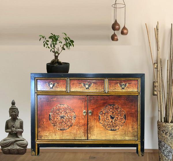 OPIUM OUTLET Asia Kommode Schlafzimmer, Sideboard Vintage Schrank chinesisch orientalisch Anrichte orange Shabby Chic Stil