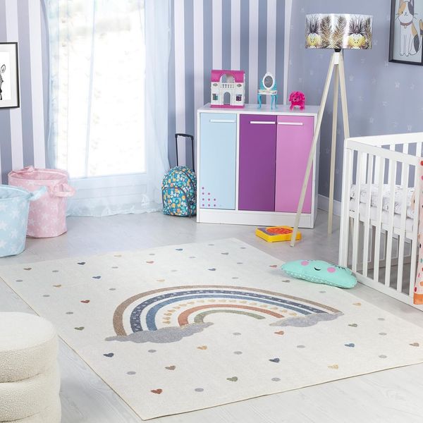 Livabliss Regenbogen Kinderteppich waschbar - Cartoon Teppich 160x213 cm, Waschbarer Teppich Kinderzimmer oder Babyzimmer, Krabbelteppich oder Spielteppich - Baby Teppich für Jungen & Mädchen, Creme
