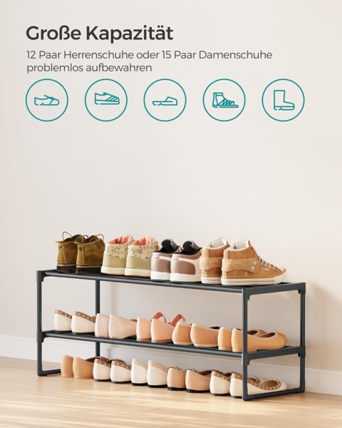 Songmics Schuhregal mit 2 Ebenen, Schuhständer aus Metall, Schuhaufbewahrung, Schuh-Organizer für 8-10 Paar Schuhe, stapelbar, für Flur, Wohnzimmer, Schlafzimmer, 30 x 92 x 34 cm, schwarz LSADE12BKV2 Bild 5