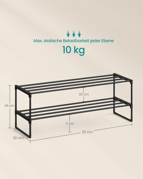 Songmics Schuhregal mit 2 Ebenen, Schuhständer aus Metall, Schuhaufbewahrung, Schuh-Organizer für 8-10 Paar Schuhe, stapelbar, für Flur, Wohnzimmer, Schlafzimmer, 30 x 92 x 34 cm, schwarz LSADE12BKV2 Bild 3