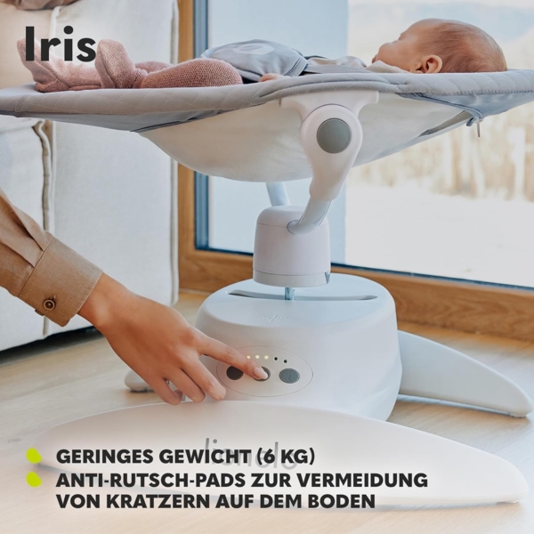 LIONELO Iris Elektrisch Babywippe 360o drehbar für Babys bis zu 9 kg Verstellbare Rückenlehne, 5 Wiegegeschwindigkeiten Rutschfester Sicherheitsgurt, 12 Melodien Bügel mit Spielzeug Fernbedienung Bild 8