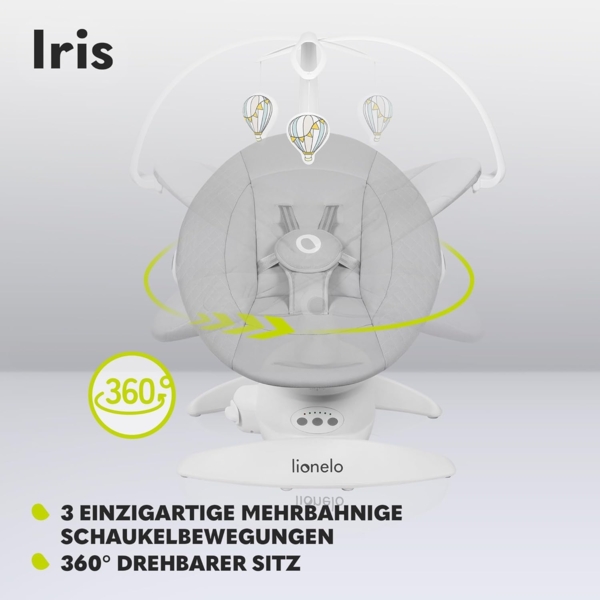 LIONELO Iris Elektrisch Babywippe 360o drehbar für Babys bis zu 9 kg Verstellbare Rückenlehne, 5 Wiegegeschwindigkeiten Rutschfester Sicherheitsgurt, 12 Melodien Bügel mit Spielzeug Fernbedienung Bild 3
