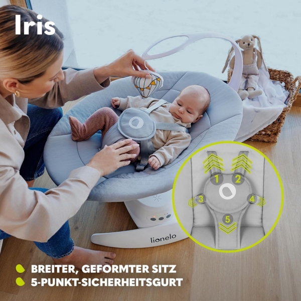 LIONELO Iris Elektrisch Babywippe 360o drehbar für Babys bis zu 9 kg Verstellbare Rückenlehne, 5 Wiegegeschwindigkeiten Rutschfester Sicherheitsgurt, 12 Melodien Bügel mit Spielzeug Fernbedienung Bild 5