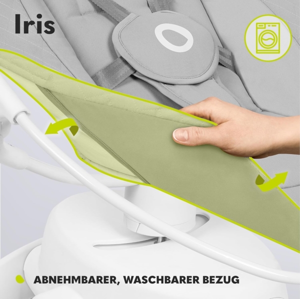 LIONELO Iris Elektrisch Babywippe 360o drehbar für Babys bis zu 9 kg Verstellbare Rückenlehne, 5 Wiegegeschwindigkeiten Rutschfester Sicherheitsgurt, 12 Melodien Bügel mit Spielzeug Fernbedienung Bild 7