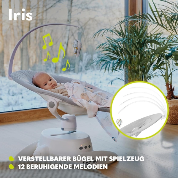 LIONELO Iris Elektrisch Babywippe 360o drehbar für Babys bis zu 9 kg Verstellbare Rückenlehne, 5 Wiegegeschwindigkeiten Rutschfester Sicherheitsgurt, 12 Melodien Bügel mit Spielzeug Fernbedienung Bild 6