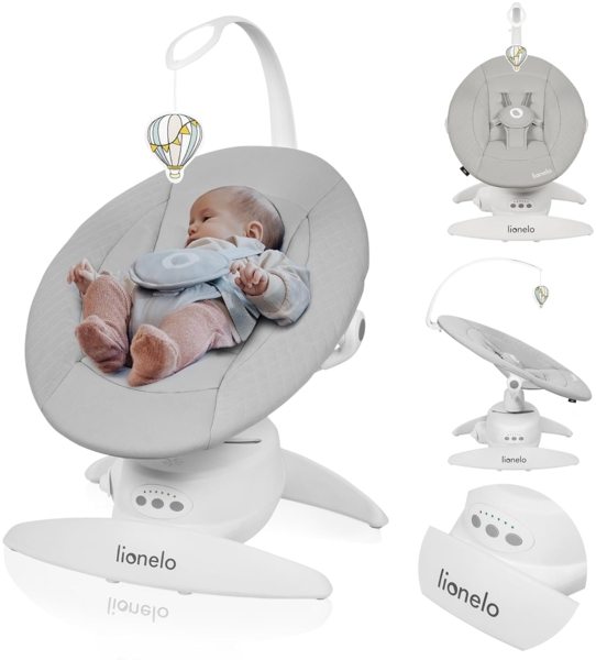 LIONELO Iris Elektrisch Babywippe 360o drehbar für Babys bis zu 9 kg Verstellbare Rückenlehne, 5 Wiegegeschwindigkeiten Rutschfester Sicherheitsgurt, 12 Melodien Bügel mit Spielzeug Fernbedienung Bild 1