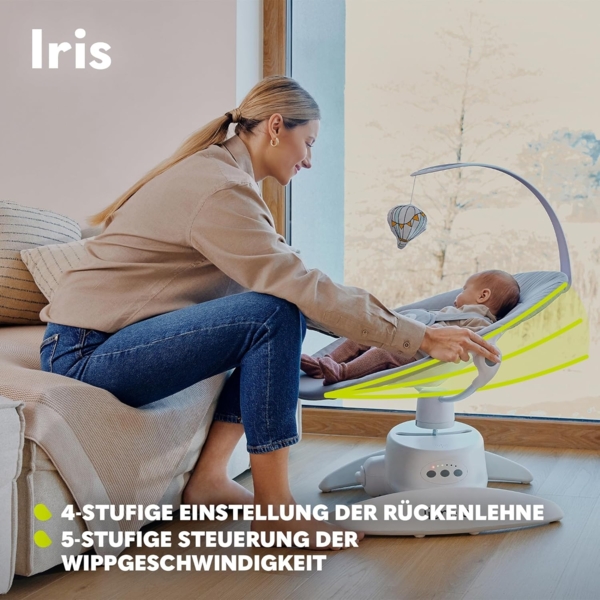 LIONELO Iris Elektrisch Babywippe 360o drehbar für Babys bis zu 9 kg Verstellbare Rückenlehne, 5 Wiegegeschwindigkeiten Rutschfester Sicherheitsgurt, 12 Melodien Bügel mit Spielzeug Fernbedienung Bild 4