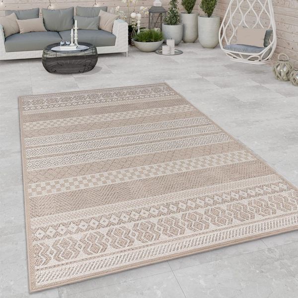 Paco Home In-& Outdoor Teppich Balkon Terrasse Küchenteppich Modernes Boho Ethno Muster, Grösse:120x160 cm, Farbe:Beige