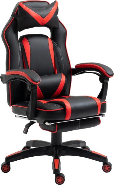 Vinsetto Gaming-Stuhl Bürostuhl Drehstuhl Chefsessel mit Fußstütze Rückenlehne Kissen verstellbar Kunstleder Rot+Schwarz 65 x 64 x 114-123,5 cm