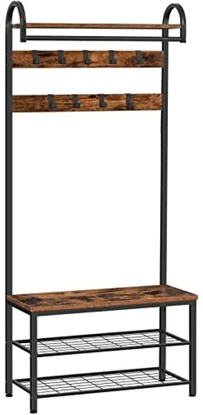 HOOBRO Garderobe, Garderobenständer, Schuhregal mit Sitzfläche, Kleiderständer mit 9 Haken, Sitzbank, Kleiderstange, 182 cm hoch, Flur, Wohnzimmer, Metallrahmen, vintagebraun-schwarz EBF13MT01