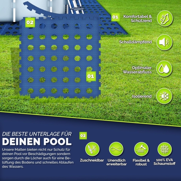 tillvex® Pool Bodenschutzmatte mit Löchern 12 Stück Blau | Unterlegmatte für Pool & Planschbecken 51x51 cm | Poolmatte Bodenmatte Outdoor | Poolunterlage Bodenschutz Matten wärmeisolierend | Whirlpool Bodenfolie weich Bild 6