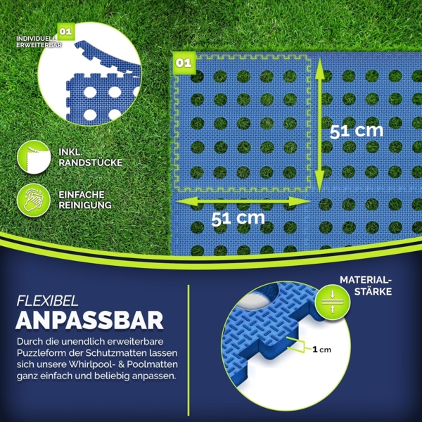 tillvex® Pool Bodenschutzmatte mit Löchern 12 Stück Blau | Unterlegmatte für Pool & Planschbecken 51x51 cm | Poolmatte Bodenmatte Outdoor | Poolunterlage Bodenschutz Matten wärmeisolierend | Whirlpool Bodenfolie weich Bild 2