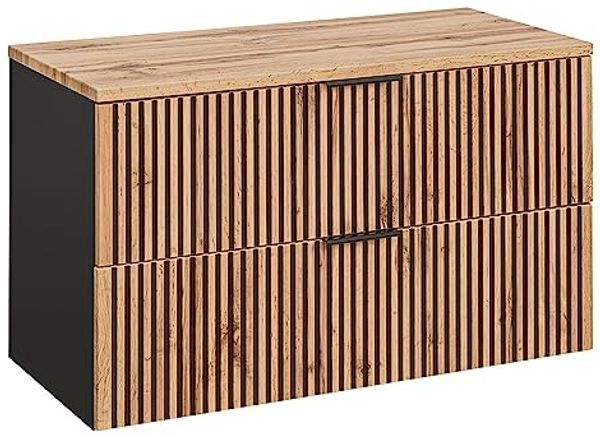 Waschtischunterschrank 100 cm für Aufsatzwaschbecken XANTEN-56 in anthrazit mit Eiche Nb. schwarz gerillt, B/H/T: ca. 100,6/59,2/46,5 cm
