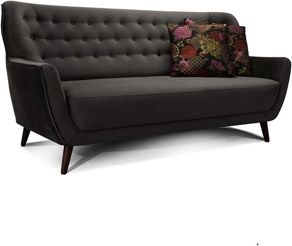 CAVADORE 3-Sitzer-Sofa Abby / Retro-Couch im Samt-Look mit Knopfheftung / 183 x 89 x 88 / Samtoptik, grau