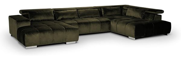 Mivano Wohnlandschaft Orion / Riesige Couch in U-Form inkl. XL-Recamiere und Kopfteilfunktion / 409 x 73 x 225 / Velours, Grün
