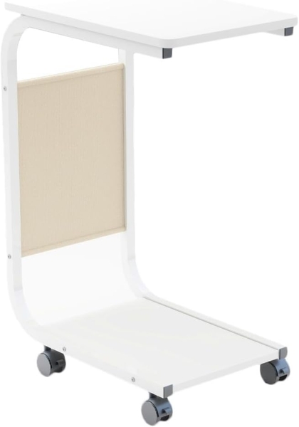 Shally Dogan Beistelltisch für Sofa und Bett, mit drehbaren Rädern, Couchtisch und Ablage, Wagen mit Aufbewahrungstasche, ideal für Wohnzimmer, Schlafzimmer, Kinderzimmer (weiß) Bild 3