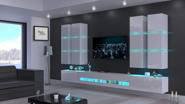 FURNITECH Jurat AN51 Möbel Schrankwand Wandschrank Wohnwand Mediawand mit Led Beleuchtung Wohnzimmer (LED RGB (16 Farben), AN51-18HG-W2)