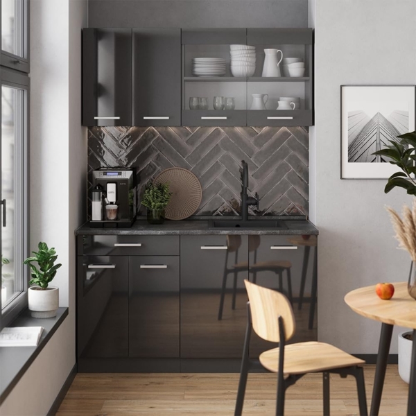 Singleküche R-Line Anthrazit Hochglanz/Anthrazit 140 cm ohne Arbeitsplatte Vicco Bild 2