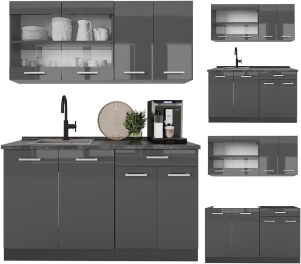 Singleküche R-Line Anthrazit Hochglanz/Anthrazit 140 cm ohne Arbeitsplatte Vicco Bild 6
