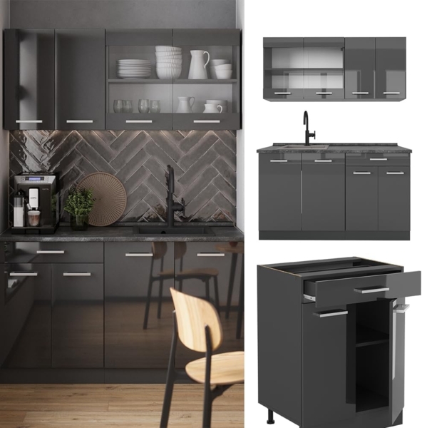 Singleküche R-Line Anthrazit Hochglanz/Anthrazit 140 cm ohne Arbeitsplatte Vicco Bild 7