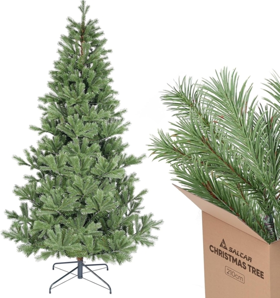 SALCAR Künstlicher Weihnachtsbaum 210 cm aus 90% PE Spritzguss, Premium Nordmanntanne, realistischer Christbaum mit Schnellaufbau Klappsystem