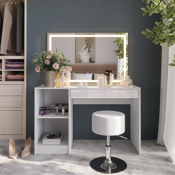 Schminktisch Sherry Weiß/Weiß Hochglanz 119.8 cm mit LED-Beleuchtung und Hocker Vicco