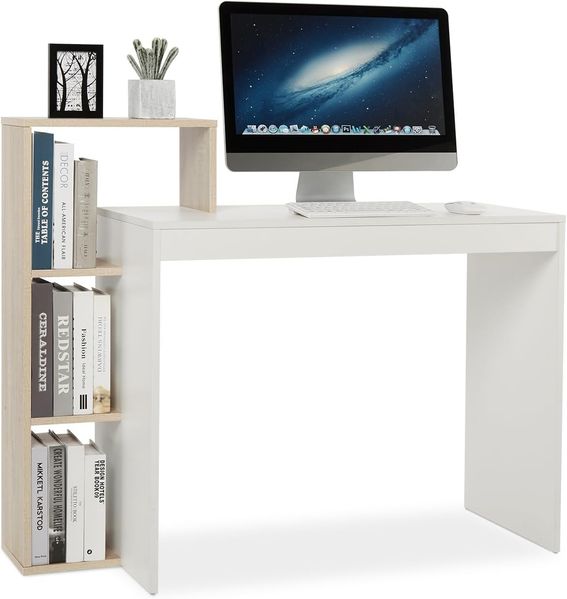Mondeer Kleiner Schreibtisch, Moderner Computertisch mit 3-stöckiges Regal, Platzsparend, 110 x 40 x 92 cm, Geeignet für Heimbüro Arbeitszimmer Kleiner Platz, Weiß und Eichefarben