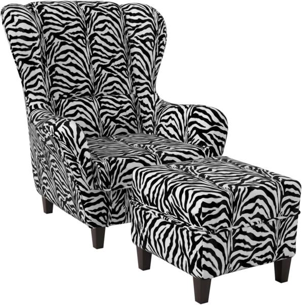 Supellex Ohrensessel Sofia Relaxsessel mit Hocker Design Tierfellimitat Zebra