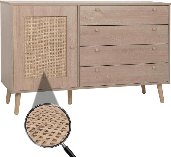 Sideboard HWC-M43, Schrank Kommode Highboard, Schubladen Staufach, Kubu Rattan Holz Melamin, Eiche-Optik