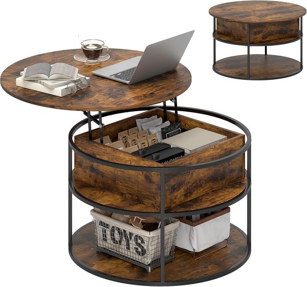 HOMCOM Couchtisch Beistelltisch mit anhebbarer Platte (runder Tisch mit Ablagefläche, verstecktem Fach, 1-St, für Wohnzimmer, Heimbüro), 80 x 80 x 47-61,5 cm, Braun