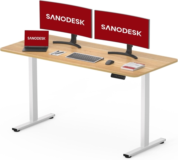 SANODESK Höhenverstellbarer Schreibtisch KOMPLETTE TISCHPLATTE Schreibtisch Höhenverstellbar Elektrisch Ergonomischer Steh-Sitz Tisch Computertisch für Heimbüro Homeoffice 120x60 cm(ahorn)