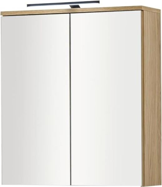 Stella Trading SLIEMA Spiegelschrank Bad mit LED-Beleuchtung in Eiche Optik FSC-Zertifiziert - Badezimmerspiegel Schrank mit viel Stauraum - 60 x 67 x 20 cm (B/H/T)