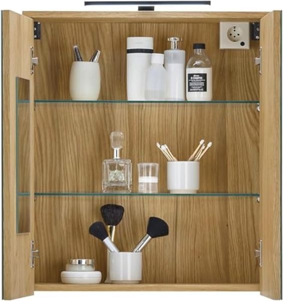 Stella Trading SLIEMA Spiegelschrank Bad mit LED-Beleuchtung in Eiche Optik FSC-Zertifiziert - Badezimmerspiegel Schrank mit viel Stauraum - 60 x 67 x 20 cm (B/H/T) Bild 4