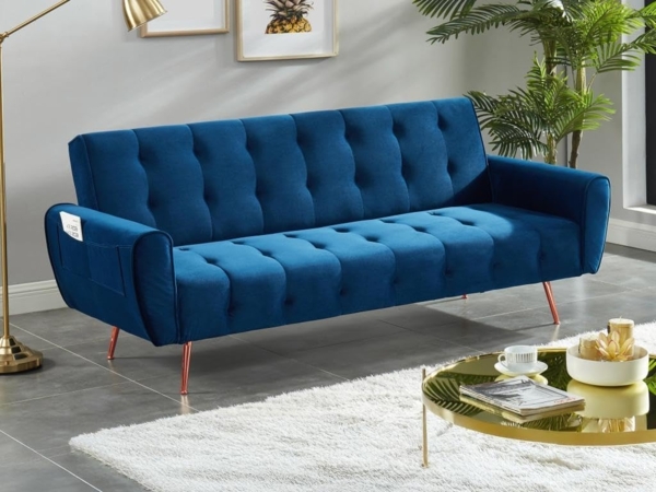 Vente-unique - Schlafsofa Klappsofa 3-Sitzer - Samt - Dunkelblau - POLANI