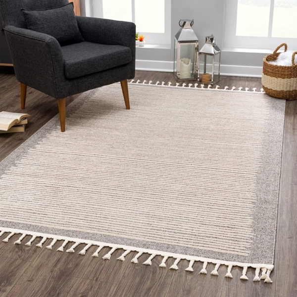 Teppich Wohnzimmer mit Fransen Deko Boho – Braun-Beige Streifen – 80x150cm - Kurzflor Schlafzimmer Flur Dekoration Läufer - Skandinavische Teppiche