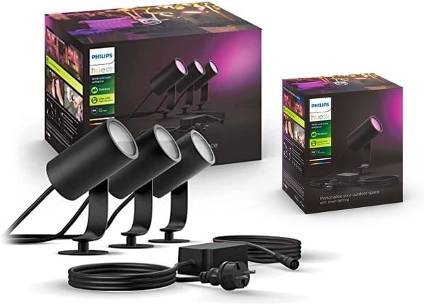 Philips Hue White & Color Ambiance Lily Gartenspot Standard Set mit 40W Netzteil (590 lm), dimmbare Außenleuchte mit 16 Millionen Farben, smarte Lichtsteuerung über Sprache oder App, schwarz, 4er Pack