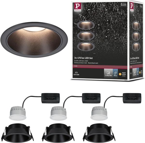 Paulmann 94869 LED Cole Coin Basisset 3er-Set 2700K schwarz 3-Step-Dim IP44