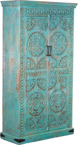 DRW Schrank mit 2 Türen, dekoriert, aus Holz, ethnischer orientalischer Stil, mit Mandalas, Blau, 100 x 40 x 180 cm