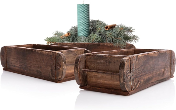 BigDean 3 Stück Ziegelform in Braun 32x14,5x9cm (LxBxH) – rustikale vintage Ordnungsbox mit Metallbeschlägen aus Echtholz – Deko Holzkiste gefertigt aus Altholz – jedes Stück ein Unikat