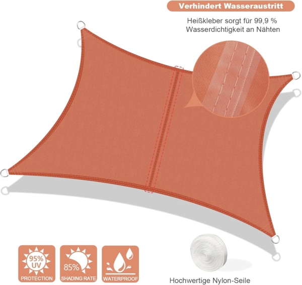 AXT SHADE Sonnensegel Wasserdicht Rechteckig 2,5x3 m Wetterschutz Sonnenschutz PES Polyester mit UV Schutz für Terrasse Balkon Garten-Terracotta Bild 2