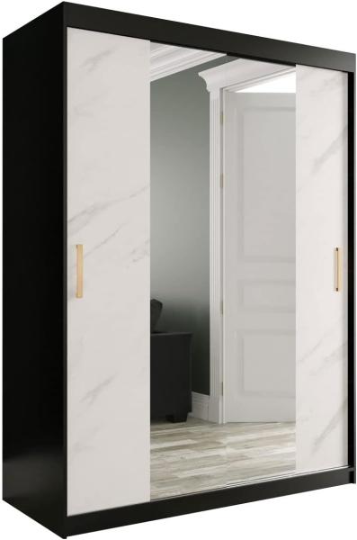 Kleiderschrank Kamoga T1 150 (Schwarz / Marmor Weiß + Gold, mit Schubladen)