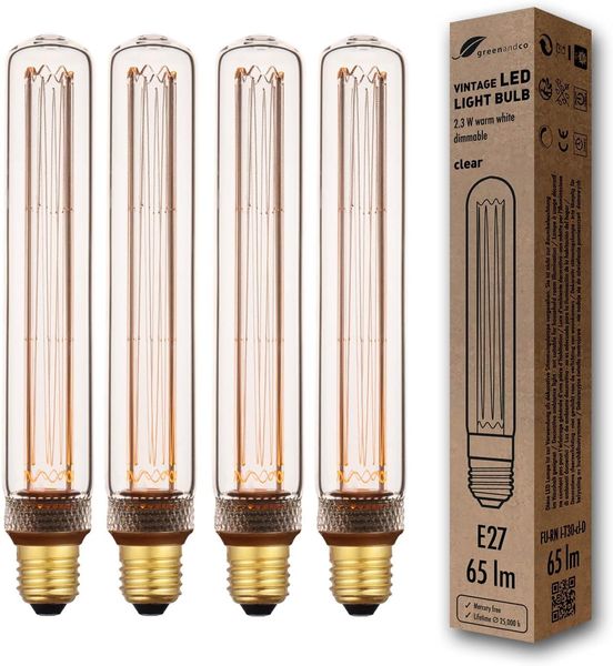 greenandco 4x LED Vintage Glühbirne zur Stimmungsbeleuchtung | dimmbar | E27 T30 | klar | 2,3W 65lm | 1800K extra warmweiß | 320° | 230V | flimmerfrei | Edison Glühbirne