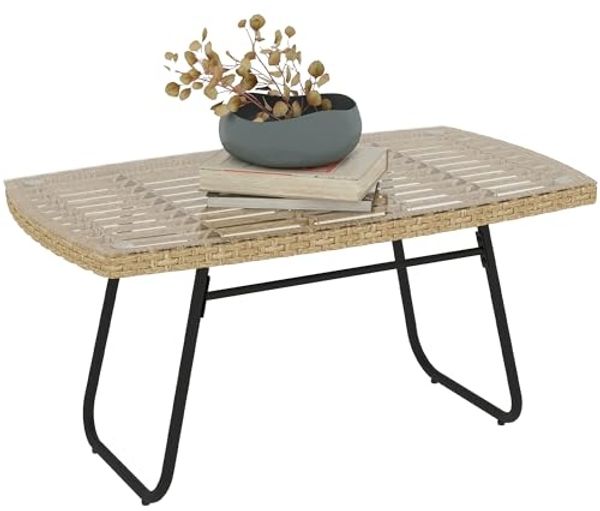 Outsunny Gartentisch UV-beständig, mit Glasplatte (Beistelltisch aus Polyrattan, 1-St, rechteckiger Terrassentisch), 90 x 50 x 45 cm, für Garten, Terrasse, Balkon Naturholz