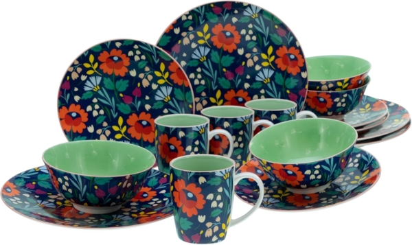 CreaTable Kombiservice Folklore Blau, Kombi-Service 16 tlg (16-tlg), 4 Personen, Steinzeug, Blumenmotive