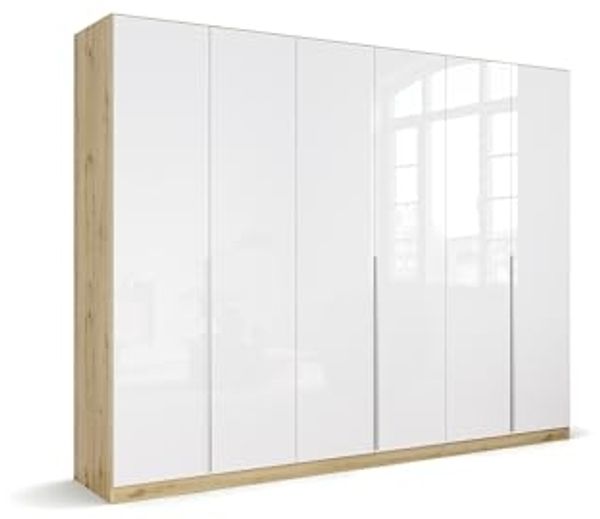 Rauch Möbel Alabama, Kleiderschrank für Schlafzimmer, Kinderzimmer, Wohnzimmer, Garderobe, Flur, 6-türig, mit Zubehör Premium, Farbe Weiß Hochglanz/Eiche Artisan, Holz, Breite 271 cm