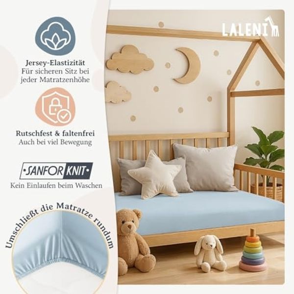 Laleni 2er-Set Basic Spannbettlaken Stubenwagen rechteckig 42x81 cm - Oeko-Tex Zertifiziert, 100% Baumwolle, atmungsaktives Spannbetttuch Jersey Baby, 135 g/m², Hellblau Bild 4